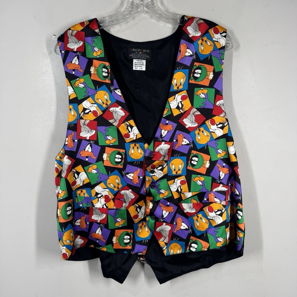 Looney Tunes Mania Vest L/XL Bugs Tweety‎ Sylvester 100% Silk NWOT Vintage 1993